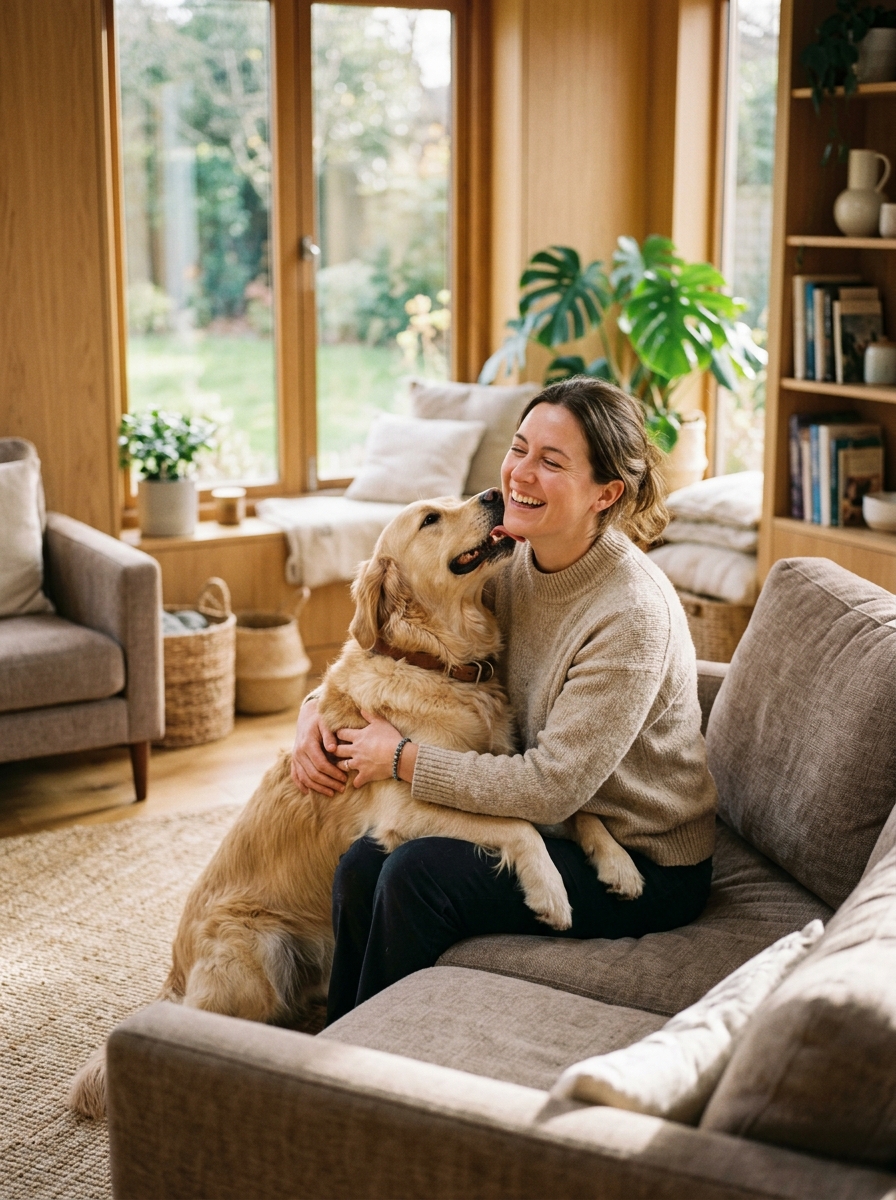 Pet caretaker hugging a happy dog